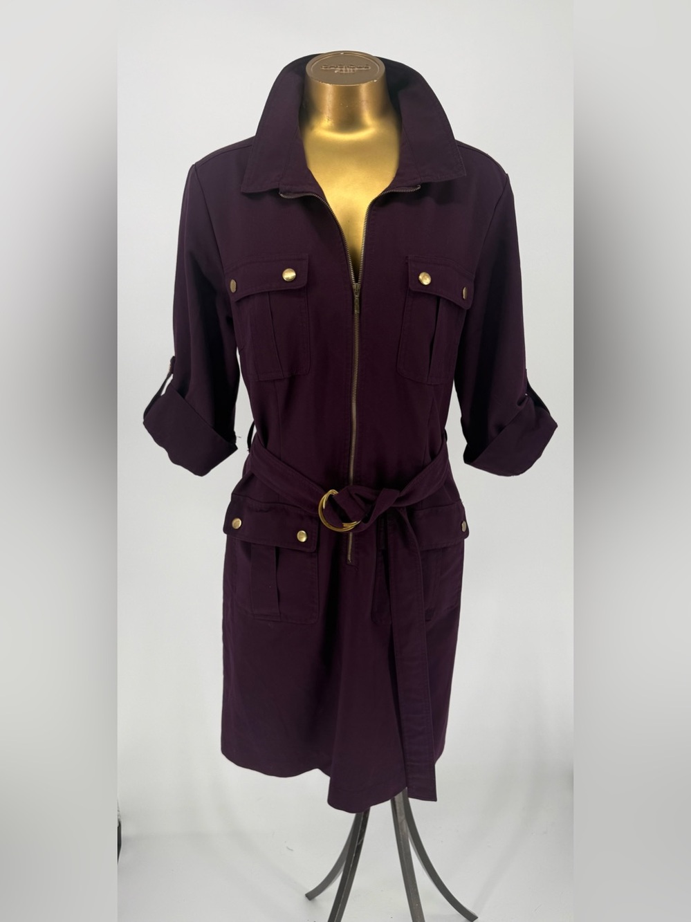 Sharagano Women’s Plum Utility Shirt Dress with Gold Hardware,Zip Front Size 10